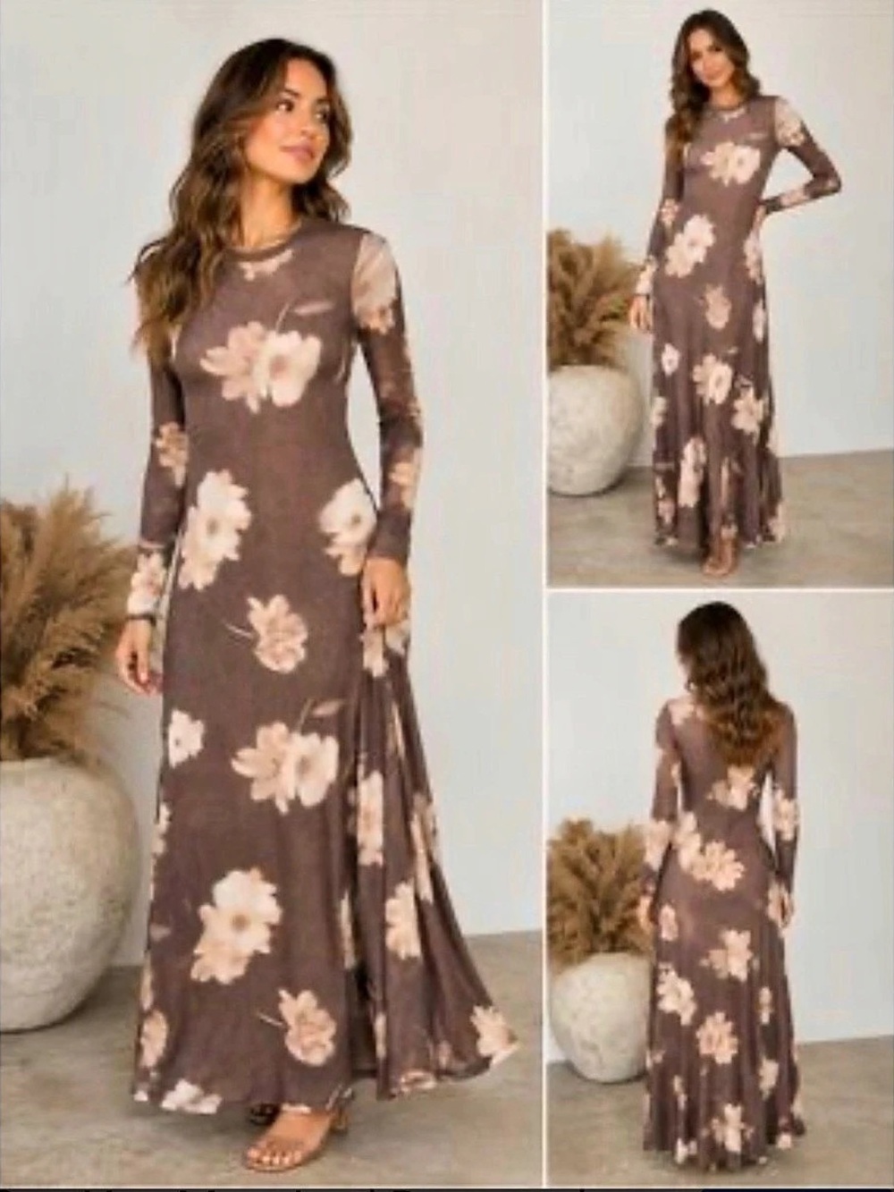 See You Monday Women's Long Sleeve Floral Mesh Maxi Long Dress Brown Large L